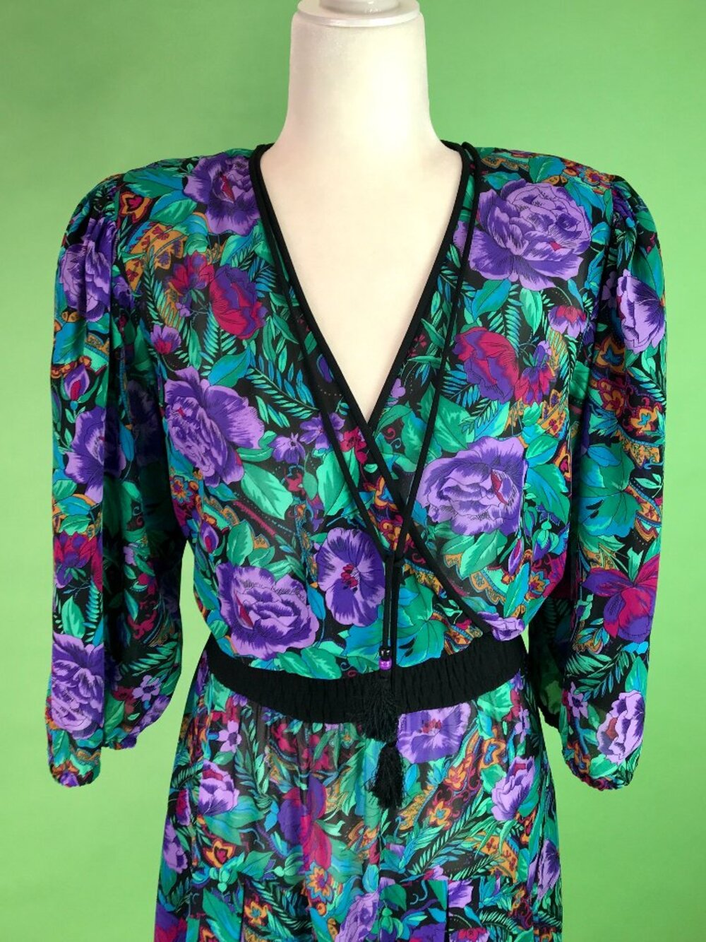 Vintage 80s Diane Freis Bold Dark Floral Pleated Georgette Dress Size Large - Picture 2 of 10